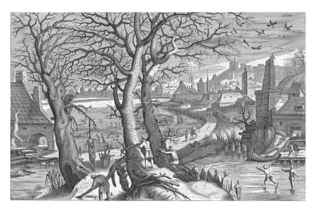 Photo for Winter, a landscape with woodcutters, Hendrick Hondius (I), after Monogrammist SCM (17th century), after Petrus Stephanus, 1600 Winter landscape with bare trees, a few houses and skaters on the ice. - Royalty Free Image
