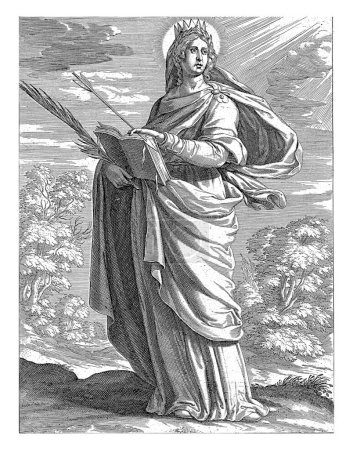 Foto de Santa Úrsula, Teodoro Galle, después de David Teniers, 1581 - 1633 Santa Úrsula de Roma. Lleva en sus manos un libro abierto, una rama de palma y una flecha (de su martirio). - Imagen libre de derechos