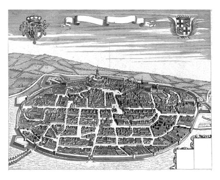Map of Chieri in bird's eye view. Top left the coat of arms of the Duke of Savoy, top right the coat of arms of Chieri