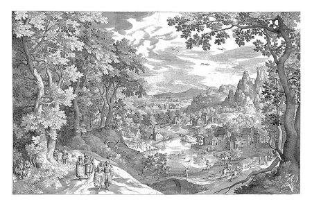 Téléchargez les photos : Paysage avec chasse au cerf, Nicolaes de Bruyn, d'après Jan Brueghel (I), 1607 Paysage vallonné avec village. Au premier plan, un cerf est poursuivi par des chiens et des hommes à cheval. - en image libre de droit