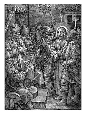 Foto de Cristo ante Caifás, Jerónimo Wierix, 1563 - antes de 1619 Los soldados toman al Cristo esposado por el brazo. Es juzgado por Caifás. - Imagen libre de derechos
