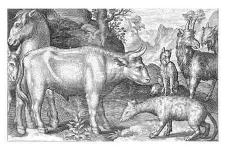 Bull and Other Cattle and Hyena, Nicolaes de Bruyn, 1594, vintage engraved.