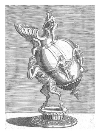 Oval jug, Balthazar van den Bos, after Cornelis Floris (II), 1548 An edge of scrollwork runs over the belly. The jug is carried on the back by a satyr.