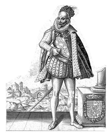 Téléchargez les photos : Portrait de Matthias d'Autriche, futur empereur germano-romain, dans son rôle de gouverneur des Pays-Bas. Il porte un manteau court et tient ses gants dans sa main. - en image libre de droit