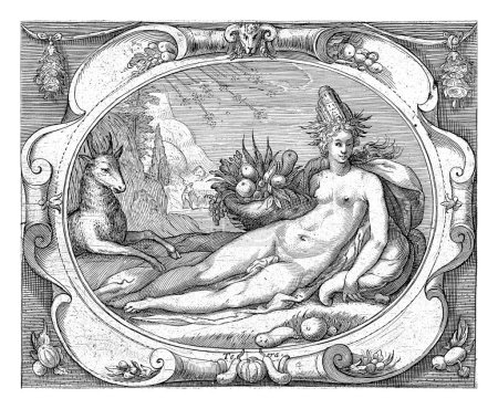 Photo for Earth (Terra), Jacob Matham (workshop of), after Jacob Matham, 1606 - 1610 The personification of the element earth: a reclining female nude in a landscape with a cornucopia and a deer next to her. - Royalty Free Image