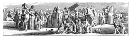 Téléchargez les photos : Figures dans les étals de légumes, Jan van de Velde (II), 1603 - 1641 Mesdames et messieurs élégamment habillés à un marché aux légumes. A droite un étal de légumes pour lequel quelques dames, vêtues de capuches. - en image libre de droit