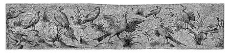 Foto de Friso con once pájaros y un insecto, Nicolaes de Bruyn, después de Hans Liefrinck (II), después de Hans Collaert (I), 1581 - 1656 El pájaro con alas extendidas en el medio mira hacia arriba. - Imagen libre de derechos