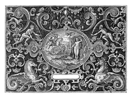 Foto de Cartouche: Perseo libera Andrómeda, Abraham de Bruyn, 1584 Cartouche con Perseo, sentado en el caballo Pegaso, luchando contra el monstruo marino. Andrómeda derecha encadenada a la roca. - Imagen libre de derechos