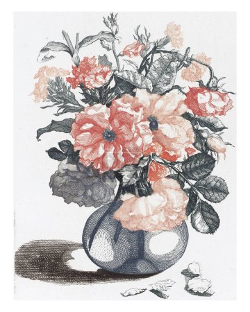 Foto de Cinco grabados de flores en jarrones de vidrio, anónimos, después de Jean Baptiste Monnoyer, 1688 - 1698 Jarrón de vidrio con flores. Junto al jarrón algunos pétalos. - Imagen libre de derechos