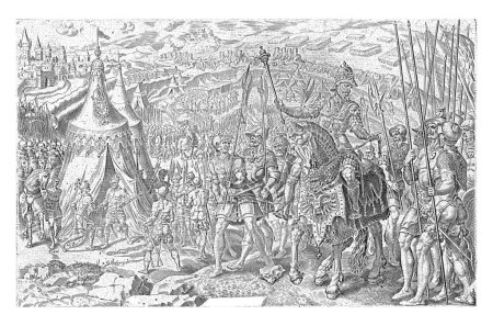 Kaiser Karl V. inspiziert seine Truppen in Ingolstadt (1546) und ermutigt sie. Im Hintergrund trifft der Graf von Buren mit seiner Armee am Zelt Karls V ein.