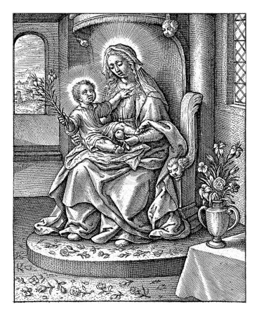 Photo for Mary with the Christ Child, Hieronymus Wierix, 1563 - before 1619 Mary sits on a throne in a room, holding a pear in her hand. The Christ Child sits on her lap, holding a lily. - Royalty Free Image
