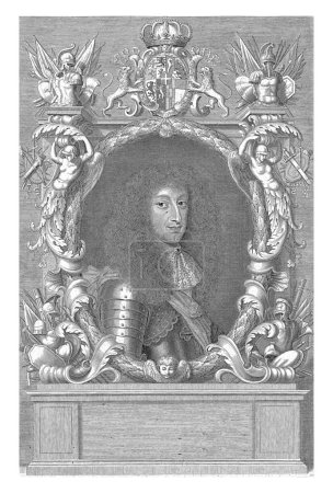 Photo for Portrait of Charles Emmanuel II, Robert Nanteuil, 1668 Portrait of Charles Emmanuel II, Duke of Savoy, in an oval frame of oak leaves, surrounded by armor and two winged figures. - Royalty Free Image