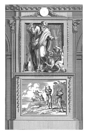 Téléchargez les photos : S. Gregorius van Nyssa, Jan Luyken, d'après Jan Goeree, 1698 Saint Grégoire de Nysse voit un ange assis sur le dos d'une bête diabolique, la retenant avec des chaînes. - en image libre de droit