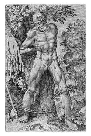 Foto de Achior, general de los amonitas, atado desnudo a un árbol por los hombres de Holofernes, cerca de Bethulia. Judith 6 - Imagen libre de derechos