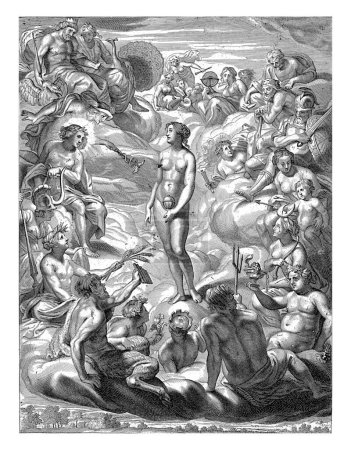 Pandora sur Olympus au milieu des dieux. En haut à gauche, Junon et Jupiter s'assoient côte à côte. En bas à droite se trouvent Neptune et Bacchus.