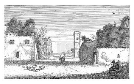 Foto de Figuras en las ruinas de un pueblo, Jan van de Velde (II), 1616 Dos figuras conversantes en un camino y una figura en reposo con un rebaño, en un paisaje con ruinas de casas. - Imagen libre de derechos