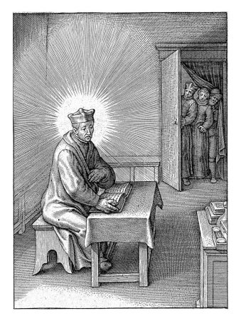 Ignatius von Loyola, von göttlichem Licht umgeben, Hieronymus Wierix, 1611 - 1615 Ignatius von Loyola sitzt an einem Tisch in seinem Arbeitszimmer und liest ein Buch. Er ist von göttlichen Strahlen umgeben.