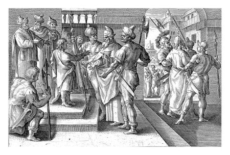 Daniel potępia starszych, Crispijn van de Passe (I), po Maerten de Vos, 1574 - 1637 W sądzie Daniel oskarża starszych o krzywoprzysięstwo. Dowodzi tego przesłuchując każdego z nich osobno..