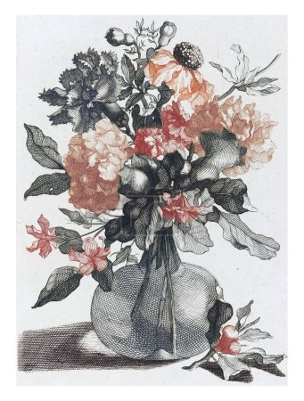 Téléchargez les photos : Cinq estampes de fleurs dans des vases en verre, anonymes, d'après Jean Baptiste Monnoyer, 1688-1698, gravées vintage. - en image libre de droit