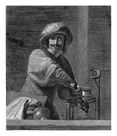 Foto de Woede (Ira), Lucas Vorsterman (I), después de Adriaen Brouwer, 1619 - 1675 Un hombre saca su espada mientras golpea la mesa frente a él y un lanzador cae. - Imagen libre de derechos