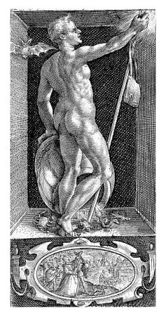 Abend, Crispijn van de Passe (I), 1574 - 1637 Nische mit der männlichen Personifizierung des Abends. In der Hand hält er einen Hirtenstab. Er wird von einer Fledermaus begleitet.
