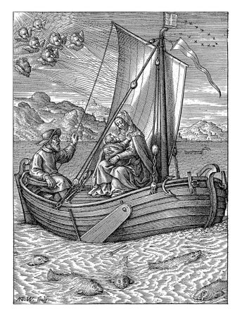 Foto de Huida a Egipto en barco, Antonie Wierix (III), después de Hieronymus Wierix, 1606 - antes de 1619 La Sagrada Familia huye a Egipto en barco. En la cubierta, María amamanta al niño Cristo. - Imagen libre de derechos