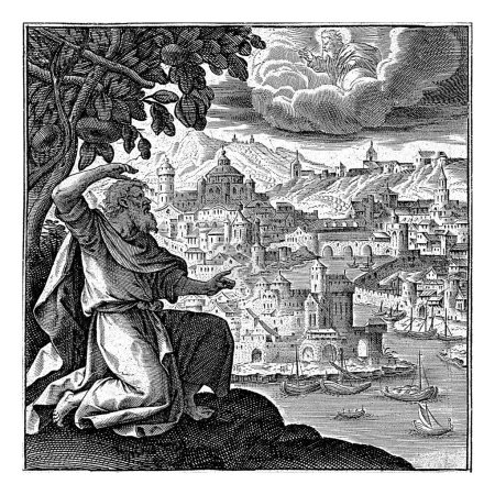 Jonah sits under the gourd, Antonie Wierix, after Maerten de Vos, 1579 -1611 Jonah sits on a rock above the city of Nineveh and speaks with God. He grows a tree for him so that Jonah can sit in shade.