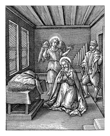 Foto de Virtud de los que se castigan a sí mismos, Hieronymus Wierix, 1563 - antes de 1619 Santa Cecilia reza en una habitación, antes de una mesa con un azote en ella. Su marido Valerio está en la puerta. - Imagen libre de derechos
