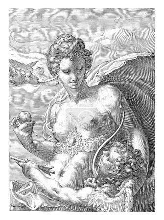 Die nackte Venus, die den Apfel von Paris in der Hand hält. Sie blickt Amor an, der Pfeil und Bogen in der Hand hält.