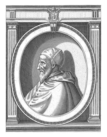 Portrait du pape Grégoire XIII vêtu des robes papales, tête avec un camauro. Buste et profil à gauche dans un cadre ovale avec lettrage bord.