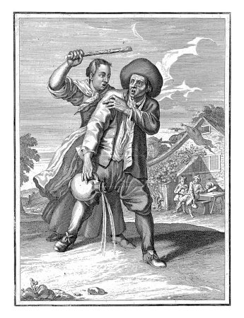 Foto de Degustación, Caspar Luyken, 1698 - 1702 Un hombre con una jarra de vino en la mano es golpeado por una mujer con un pedazo de madera. En el fondo una posada con algunos otros granjeros borrachos. - Imagen libre de derechos