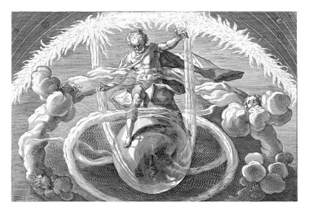 Eine männliche Götterfigur, die inmitten von Wolken auf einer Erdkugel unter einem feurigen Sternenhimmel steht. Unter der Aufführung zwei Zeilen lateinischen Textes