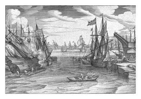 Foto de Vista del puerto con una grúa a la derecha y un bote de remos en el primer plano central. Un barco está siendo calafateado a la izquierda. - Imagen libre de derechos