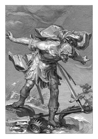 Téléchargez les photos : Le roi Saül plonge dans son épée, Willem Isaacsz. van Swanenburg, d'après Abraham Bloemaert, 1611 Sur le champ de bataille, le roi Saül se tue en se jetant dans sa propre épée. - en image libre de droit