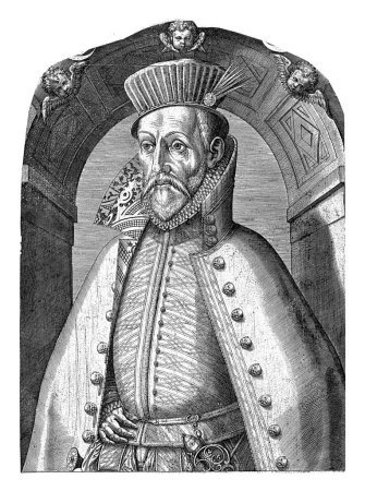 Téléchargez les photos : Portrait de Gaspard de Coligny, anonyme, 1550-1600. Il porte un chapeau plissé, les boutons de son manteau se composent de têtes de satyre. Il se dresse sous une arche ronde décorée de trois chérubins. - en image libre de droit