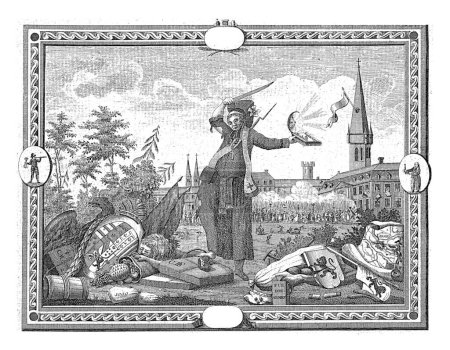 Foto de Alegoría de la Revolución de Brabante de 1791. En el centro el clérigo Van Eupen blandiendo una espada y el Manifiesto de Brabante y una vidriera. - Imagen libre de derechos