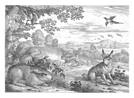 In the foreground are two hares. In the background, a third hare hops to the left. Two magpies fly in the sky. This print is part of a series of ten prints with different animals.