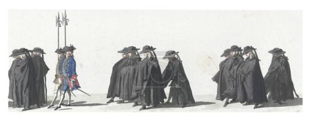 Foto de Nobles invitados en la procesión fúnebre, precedidos por dos sargentos. En el margen de la leyenda en holandés, francés e inglés. - Imagen libre de derechos