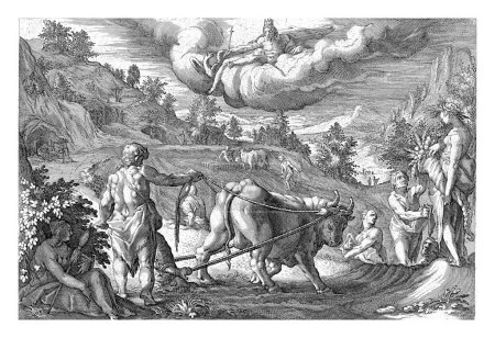 Depiction of life during the Silver Age: scantily clad men plow and sow, and build huts. In the clouds the god Jupiter.