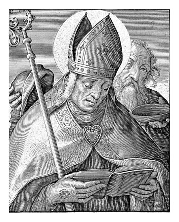 Photo for Saint Martin of Tours wears his bishop's robes and reads a book. Behind him a bum. In the margin a caption in Latin. - Royalty Free Image