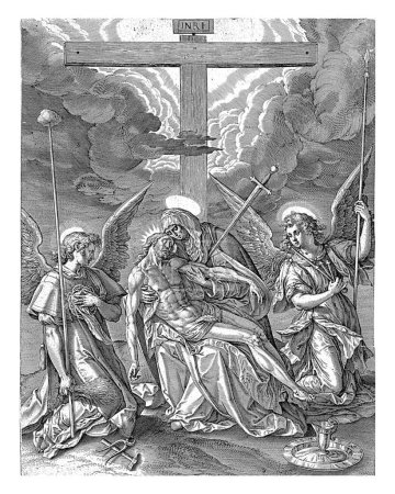 Foto de Pieta, Jerónimo Wierix, después de Maerten de Vos, 1584 María llora con el cadáver de Cristo en su regazo al pie de la cruz. Una espada ha sido apuñalada en su corazón. - Imagen libre de derechos