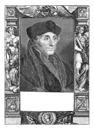 Photo for Print printed from two plates. Bust of Desiderius Erasmus. Below the performance a verse of eight lines in Dutch. Frame with allegorical figures and symbols. - Royalty Free Image