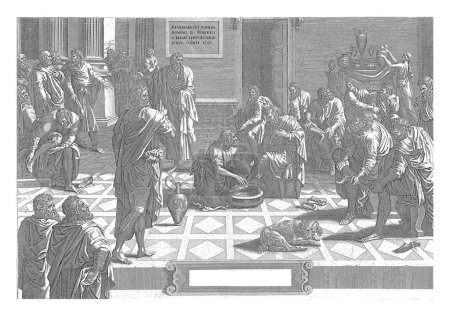 Foto de Cristo lava los pies de los discípulos, anónimo, después de Hans Collaert (I), después de Lambert Lombard, c. 1640 - c. 1684 Cristo lava los pies de sus discípulos uno por uno. - Imagen libre de derechos