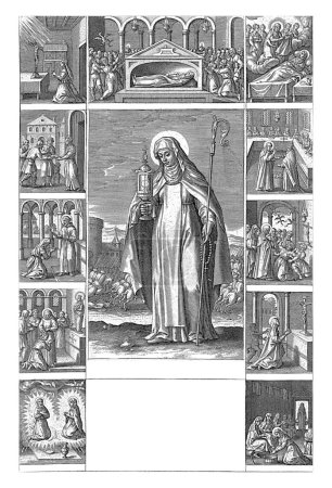 Foto de Santa Clara con una vara de abadesa en la mano izquierda y una monstranza en la derecha. En el fondo la expulsión de los sarracenos del Monasterio de San Damián. - Imagen libre de derechos