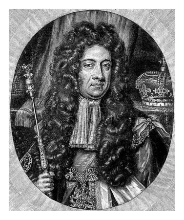 George I, King of Great Britain. In his hand the scepter and next to him the crown. He wears the order necklace of the Order of the Garter. In the margin are name and titles.
