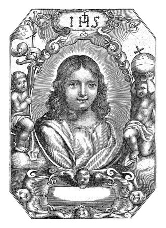 Foto de Cristo en un óvalo, Franz Huybrechts, 1656 - 1661 Cristo en un marco ovalado, flanqueado por dos putti con un orbe y una bandera. - Imagen libre de derechos