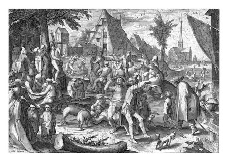 Téléchargez les photos : Farmer's Fair, Nicolaes Jansz. Horloge, d'après Karel van Mander, 1593 Trois paysans ivres dansant au premier plan. Sur la gauche à une table d'auberge certaines personnes mangent et boivent ensemble. - en image libre de droit