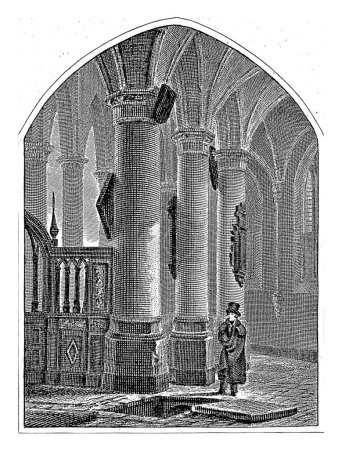Foto de Hombre en una tumba abierta en una iglesia, Willem van Senus, después de Bartolomé Johannes van Hove, 1800 - 1851, grabado vintage. - Imagen libre de derechos