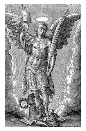 Archangel Michael, Hieronymus Wierix, 1563 - before 1619 The Archangel Michael subdues the dragon. In his hand he holds a staff of the cross with a banner and a palm branch.