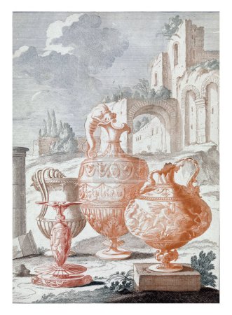 Téléchargez les photos : Paysage avec ruines et vases, anonyme, 1688-1698 Paysage avec une ruine en arrière-plan et quatre vases ornementaux au premier plan. - en image libre de droit